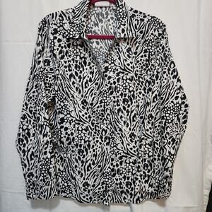 Chicos XL 3 black white leopard animal print cotton no iron blouse LS top blouse